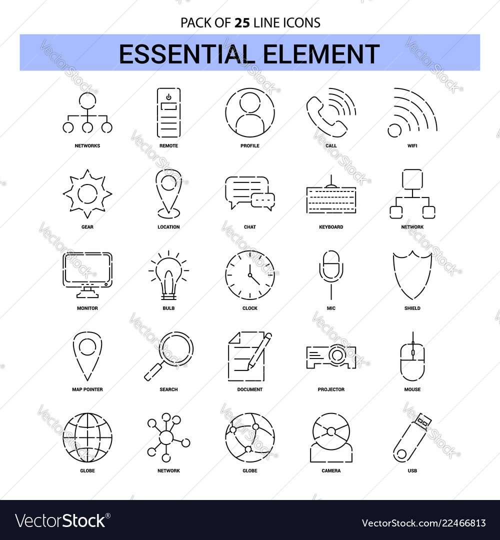 Essential element line icon set - 25 dashed vector image Essential element line icon set - 25 dashed