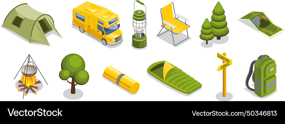 Isometric camping elements set Royalty Free Vector Image