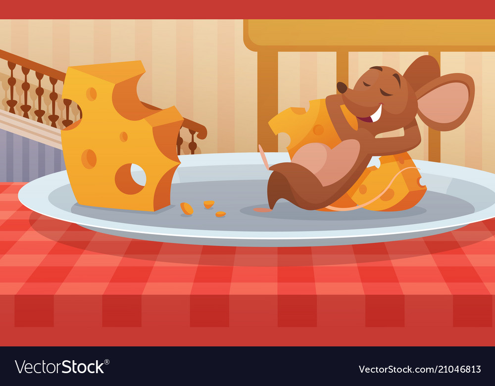 Mouse sitting on plate and eats cheese funny Vector Image