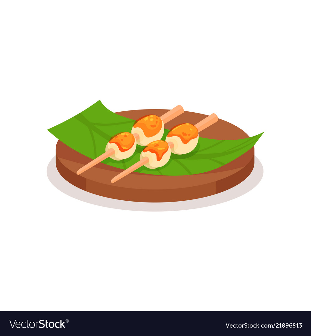 Rice balls topped with sweet sauce on green leaf Vector Image