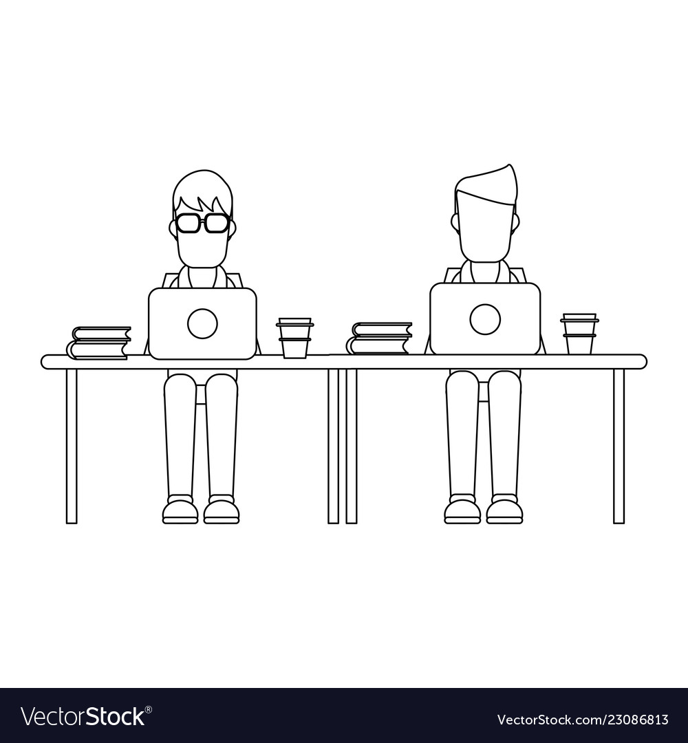 Working with computer avatar black and white vector image Working with computer avatar black and white