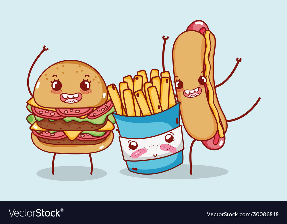 Fast food cute burger french fries and hot dog Vector Image