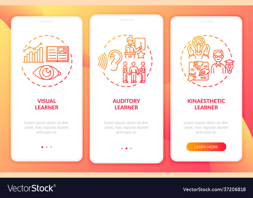 Learning styles red onboarding mobile app page