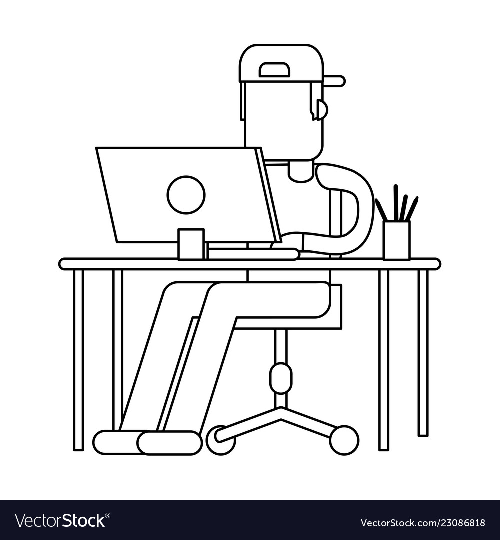 Working with computer avatar black and white vector image Working with computer avatar black and white