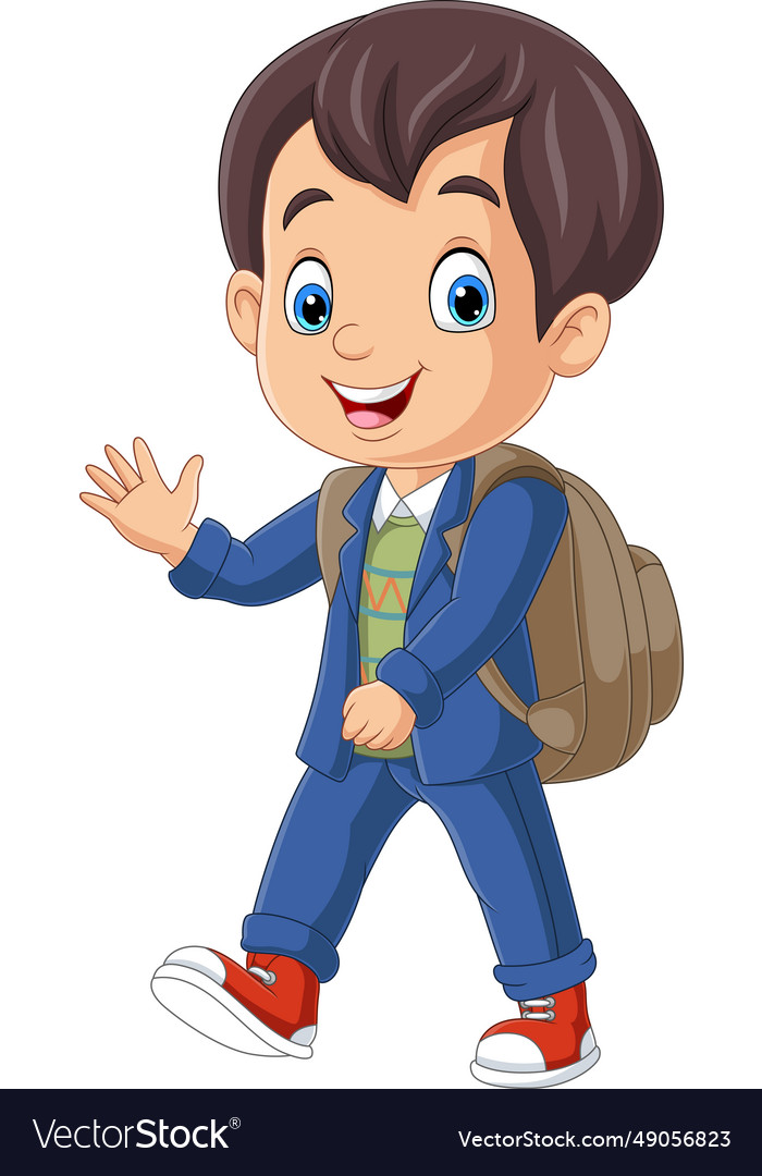 Cartoon school boy with backpack waving hand Vector Image