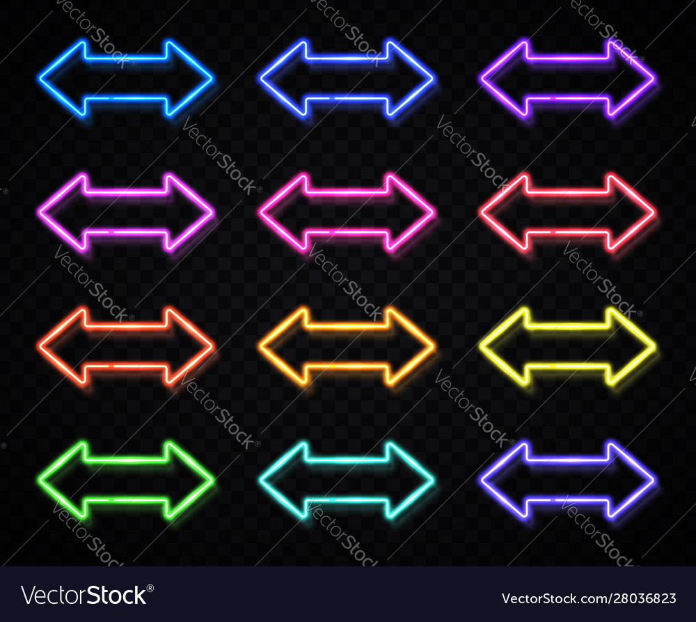 Neon arrow sign on dark background light pointer vector image Neon arrow sign on dark background light pointer