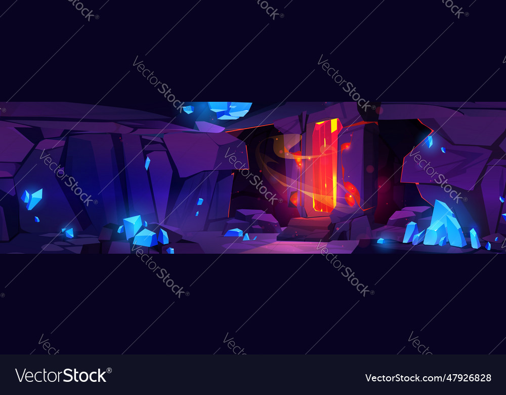 Cartoon cave with blue crystals on stone walls Vector Image