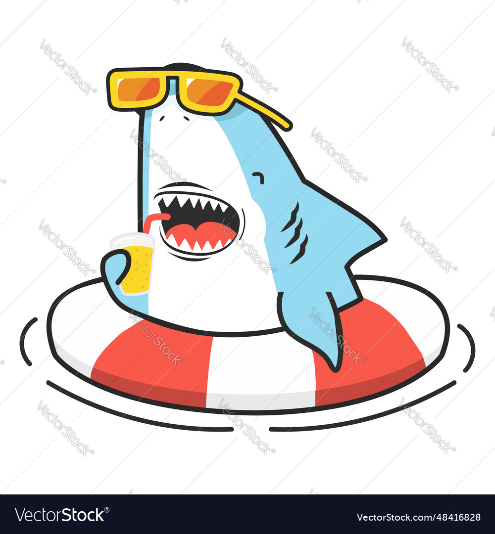 Cute shark inflatable ring with glass of juice Vector Image