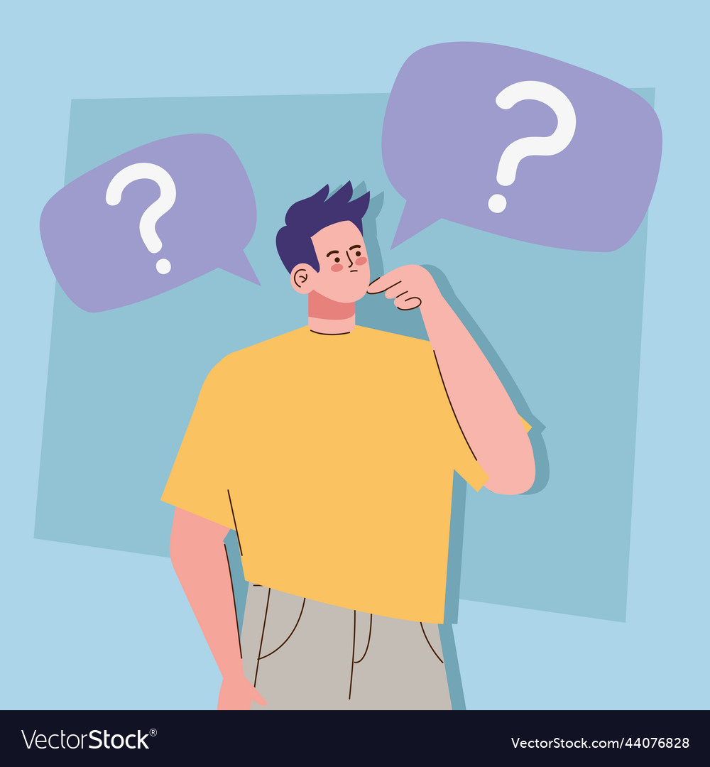 Man with question marks in bubbles