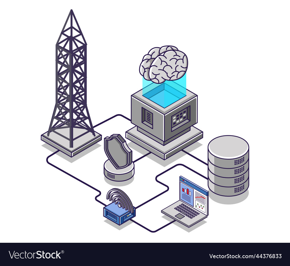 Flat isometric concept network data server vector image Flat isometric concept network data server