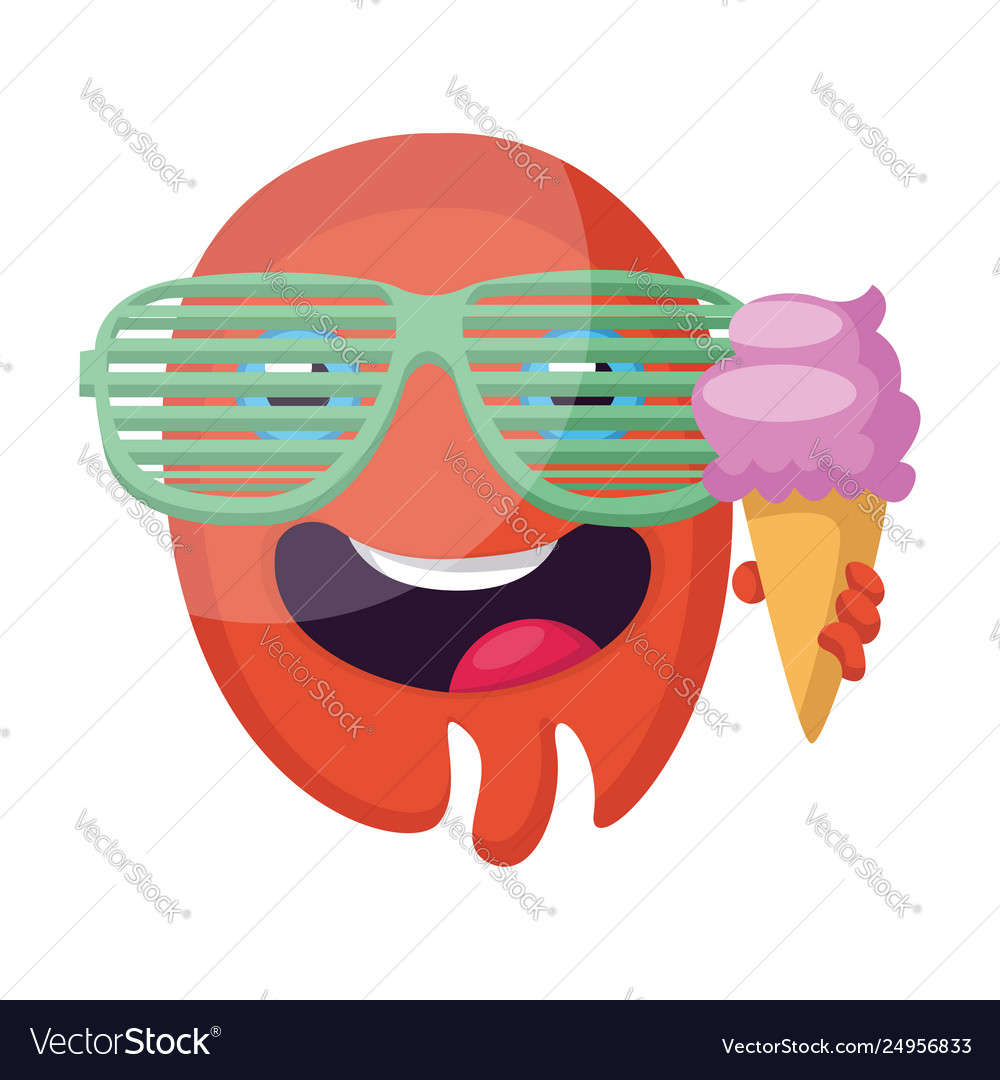 Rundes rotes Emoji Gesicht mit Sonnenbrille hält