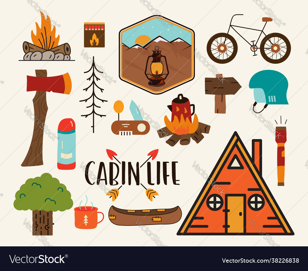 Cabin life and road trip adventure elements vector image Cabin life and road trip adventure elements