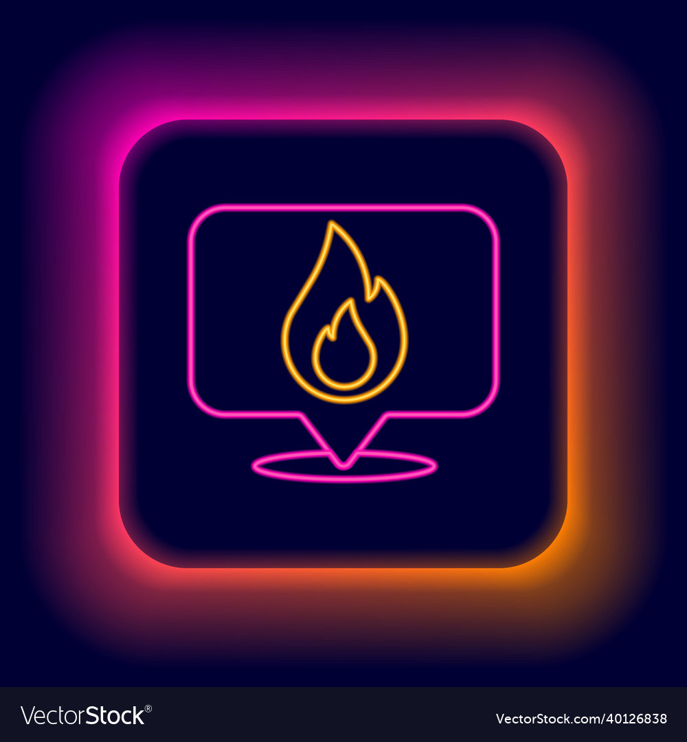Glowing neon line map pointer with fire flame icon