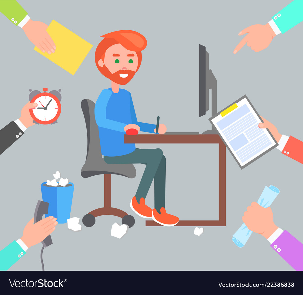 Man work at computer and hands give him orders vector image Man work at computer and hands give him orders