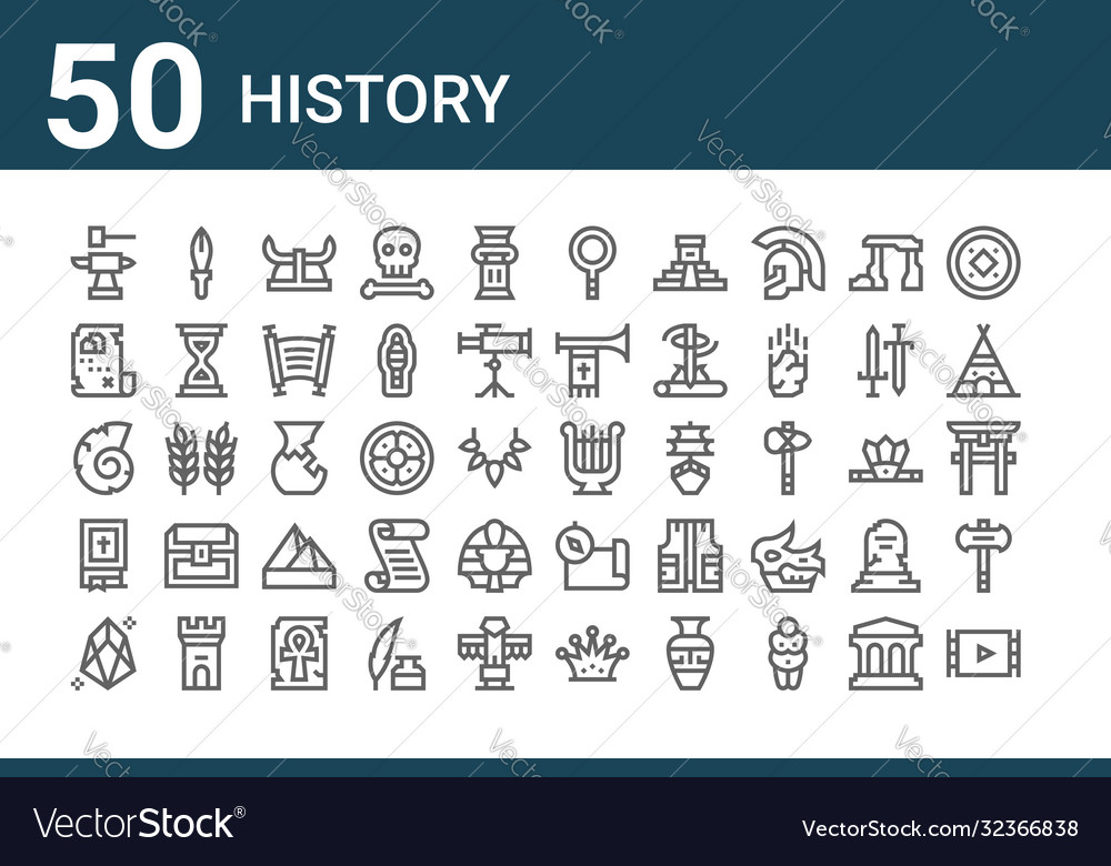 Set 50 history icons outline thin line