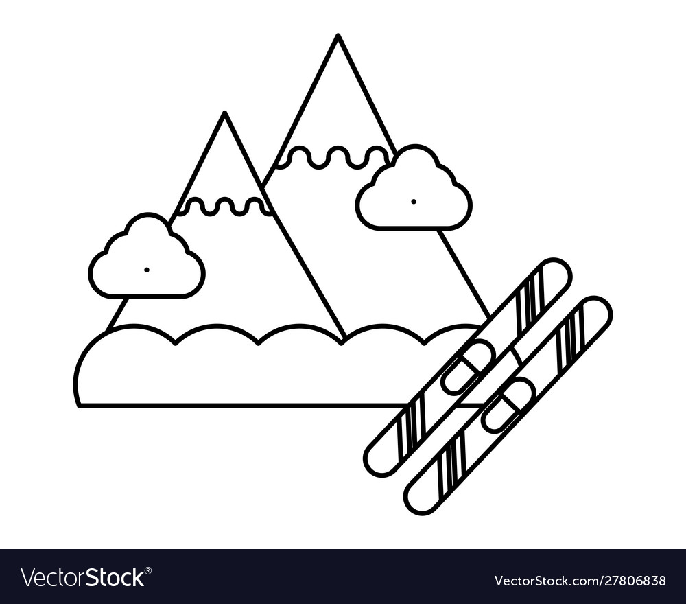 Snow mountains with skies icon