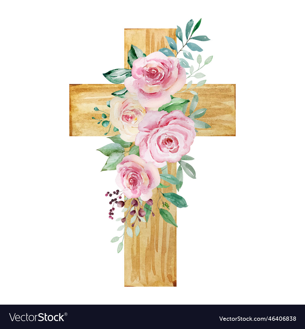 Watercolor cross decorated with roses easter Vector Image