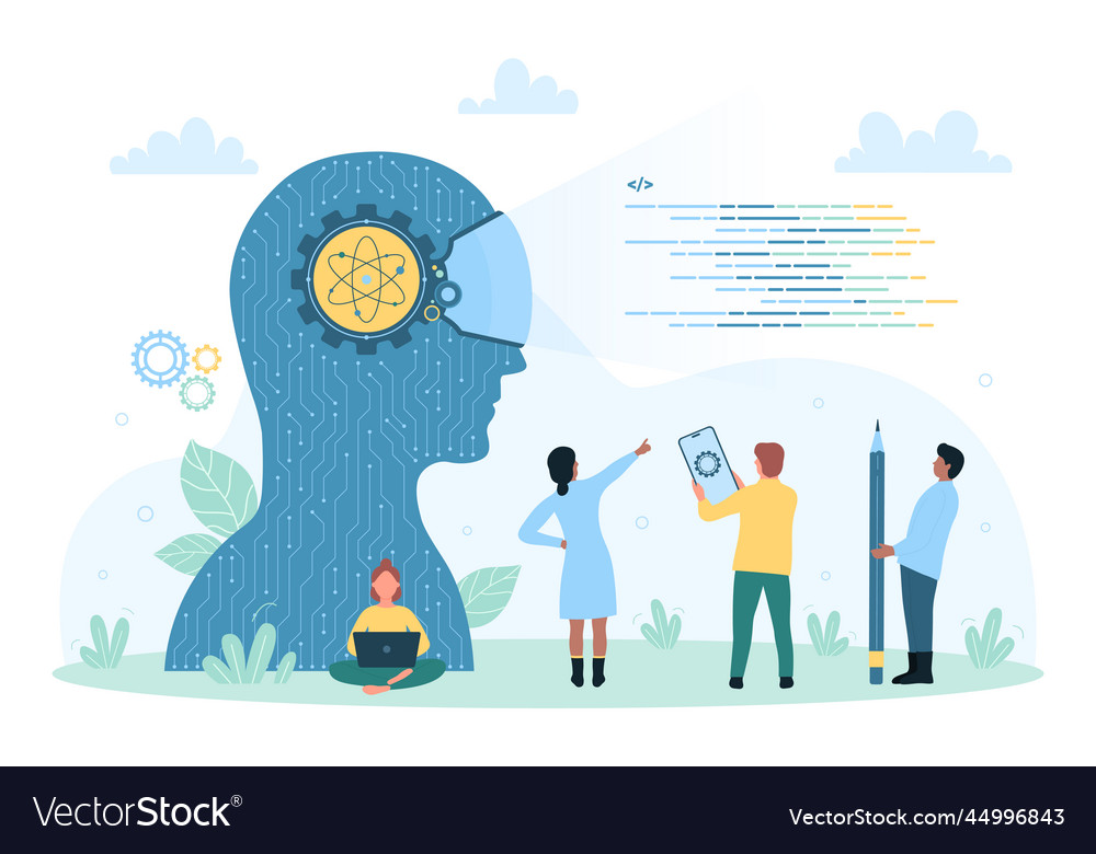 Artificial intelligence tiny people work vector image Artificial intelligence tiny people work