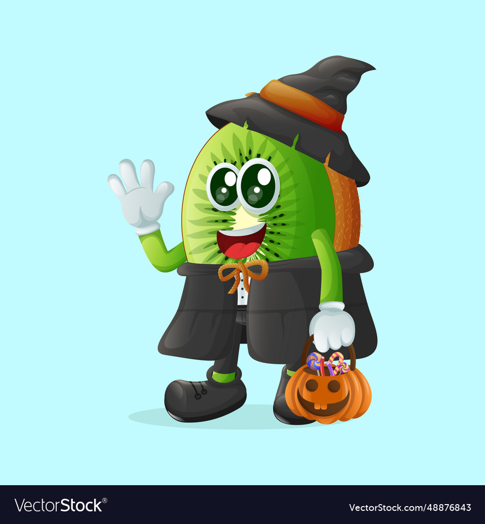 Kiwi character dressed as a witch and holding