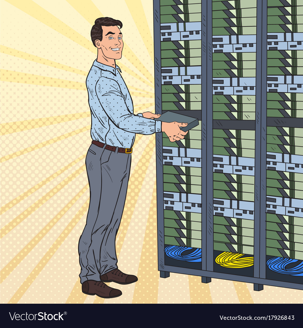 Pop art network engineer working in data center
