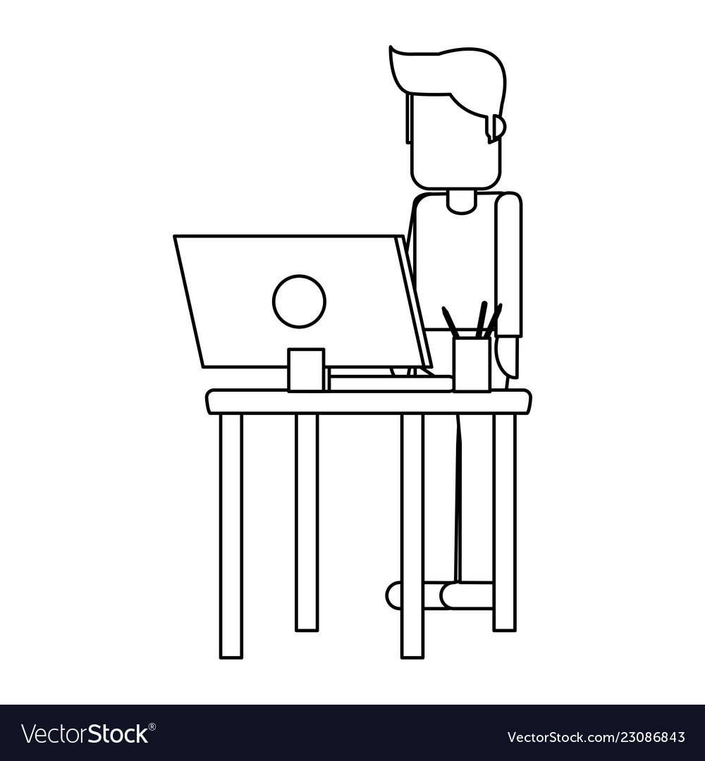 Working with computer avatar black and white Vector Image Working with computer avatar black and white