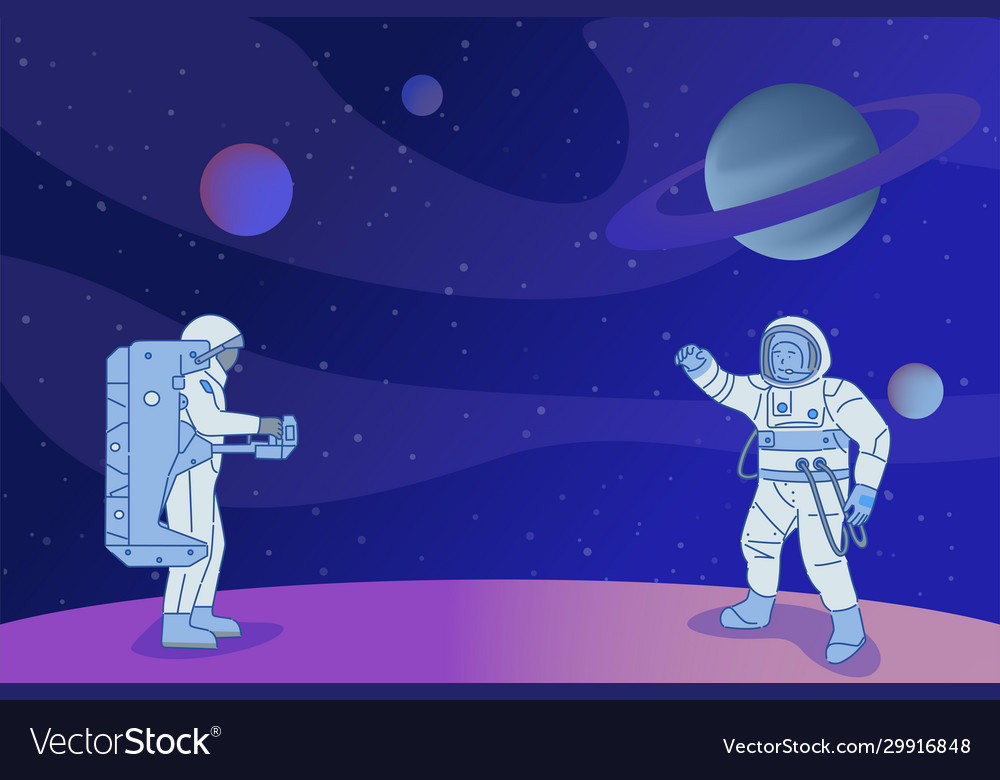 Astronauts in spacesuits standing on planet vector image Astronauts in spacesuits standing on planet
