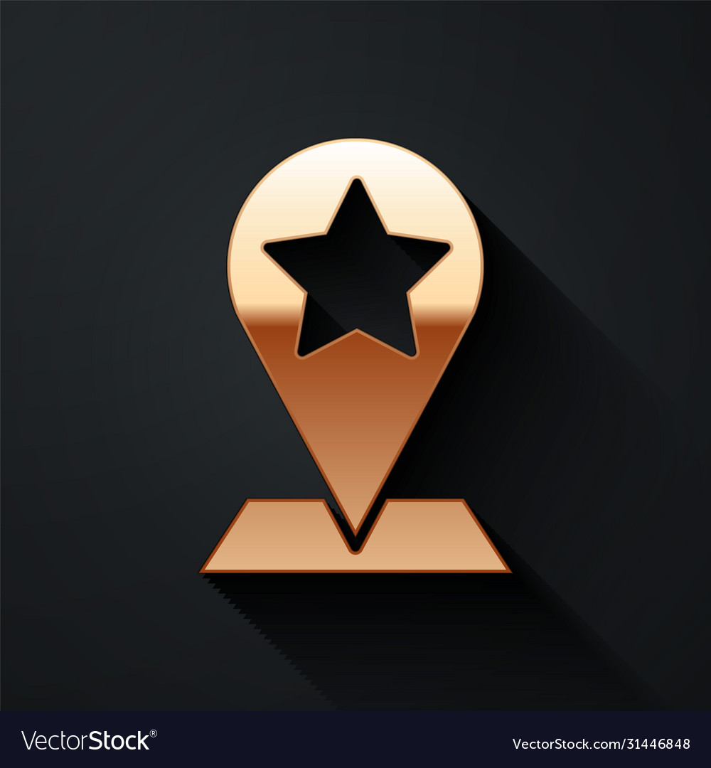Gold map pointer with star icon isolated on black