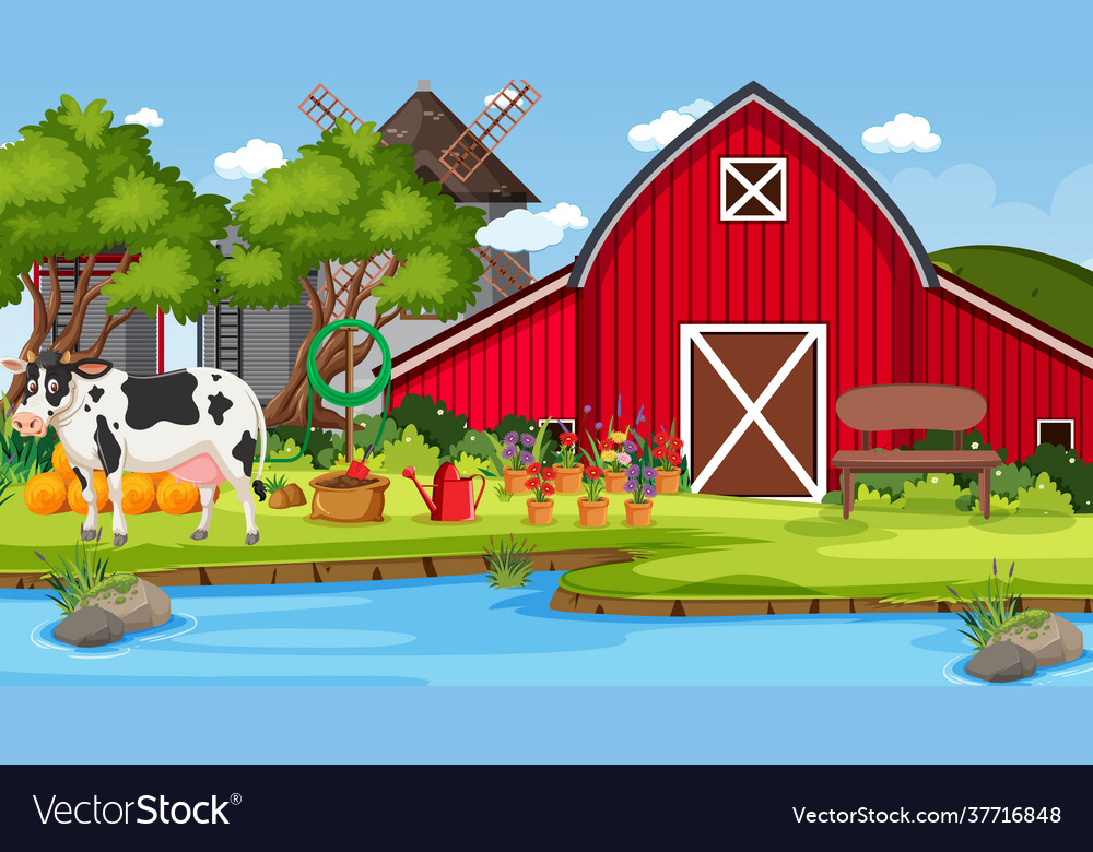 Red barn in farm scene with a cow vector image Red barn in farm scene with a cow