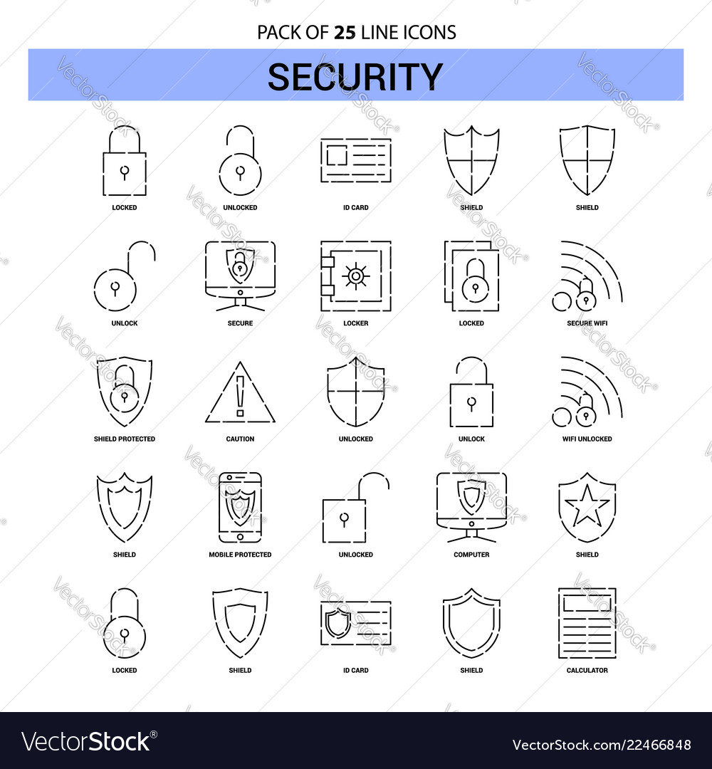 Security line icon set - 25 dashed outline style vector image Security line icon set - 25 dashed outline style