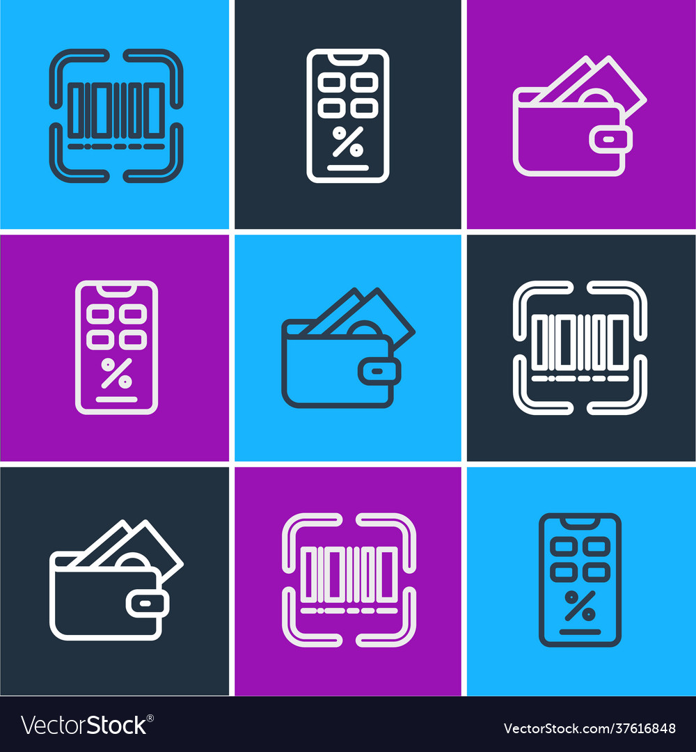 Set line scanner scanning bar code wallet vector image Set line scanner scanning bar code wallet