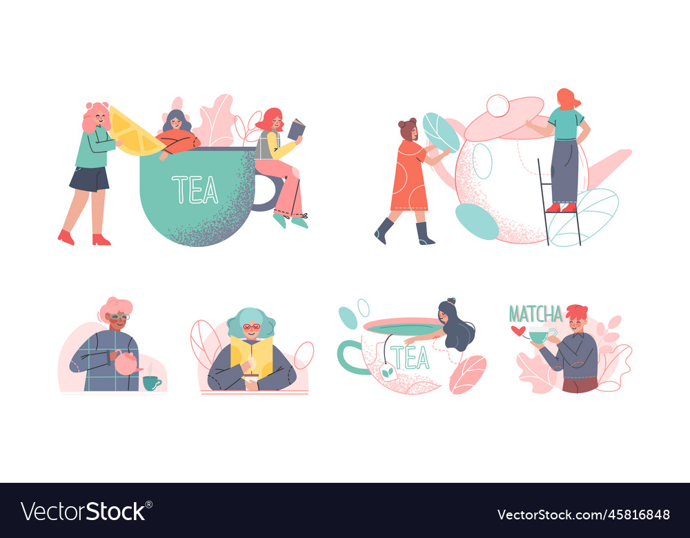 Tea time break with tiny people character enjoying