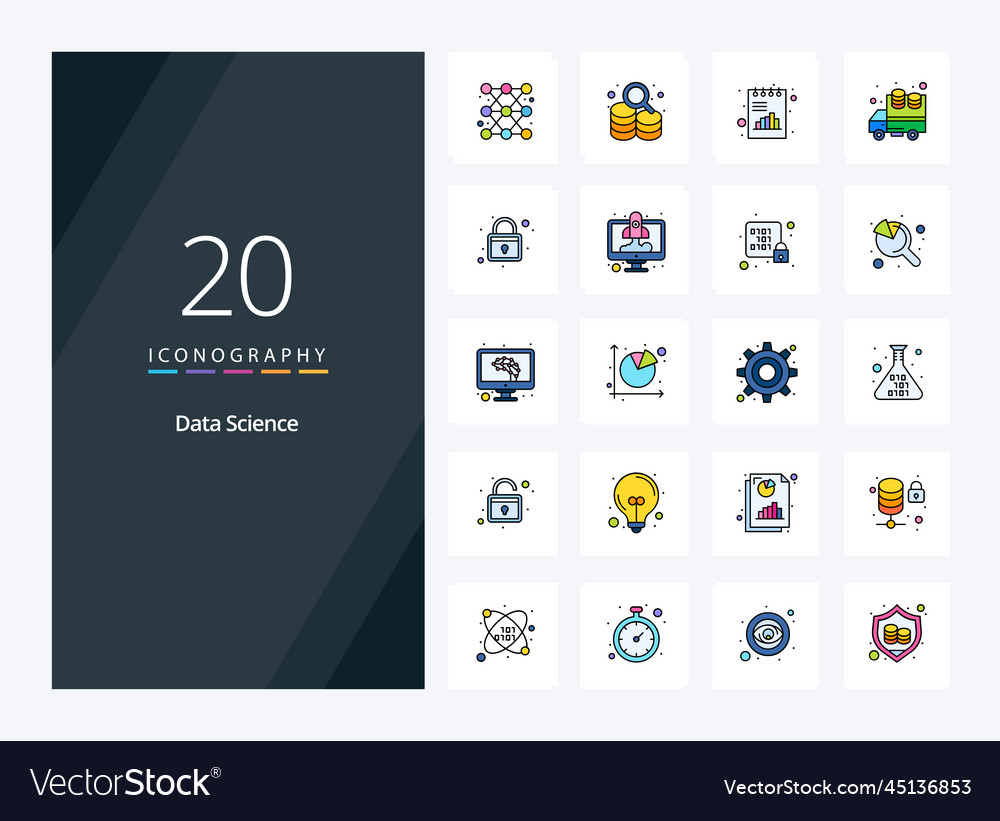 20 data science line filled icon for presentation