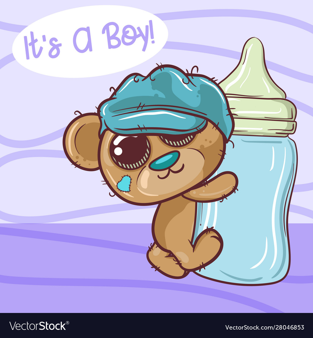 Cute cartoon teddy bear boy with feeding bottle Vector Image