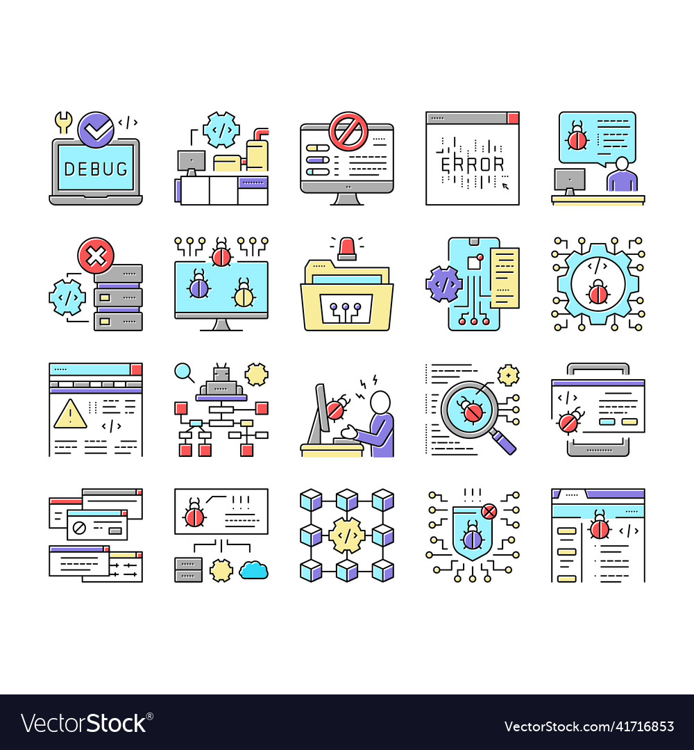 Debug research and fix collection icons set vector image Debug research and fix collection icons set