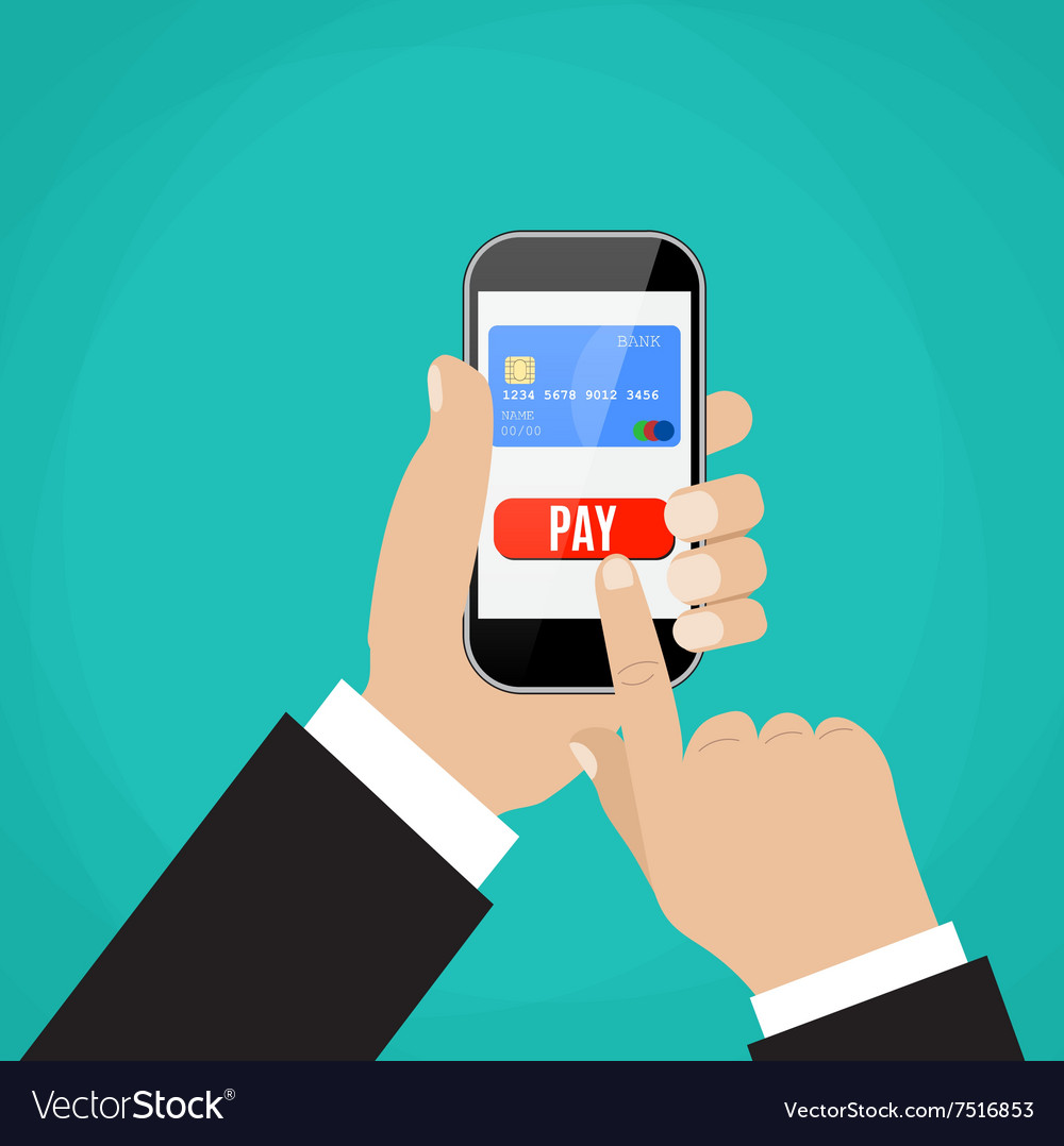 Hand holding black smartphone with bank card Vector Image