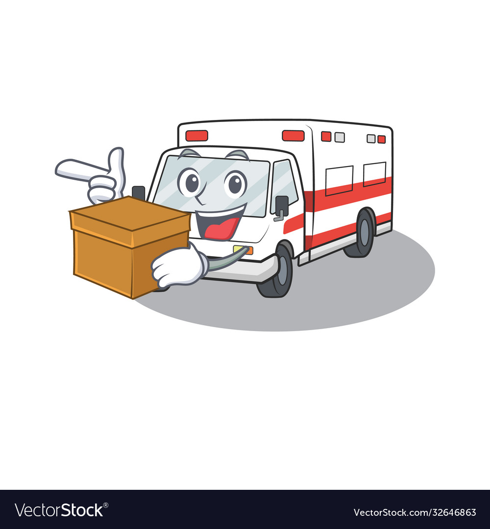 Cute ambulance cartoon character having a box