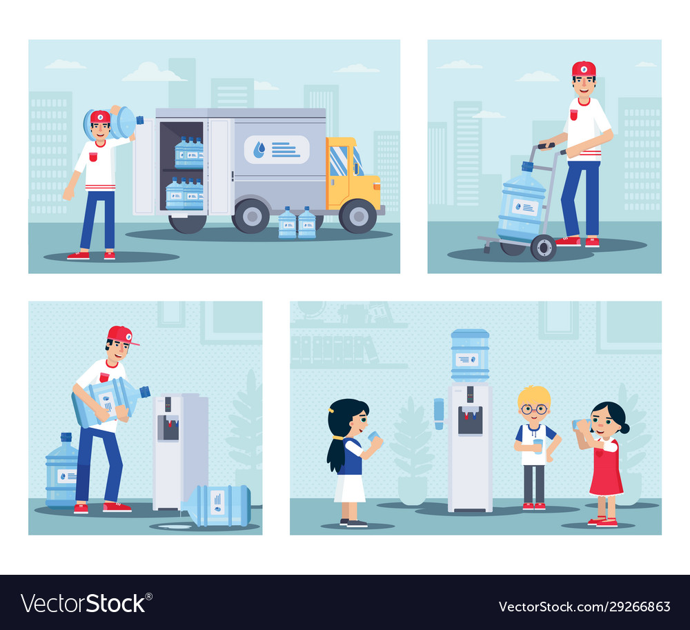 Water delivery service flat set Royalty Free Vector Image
