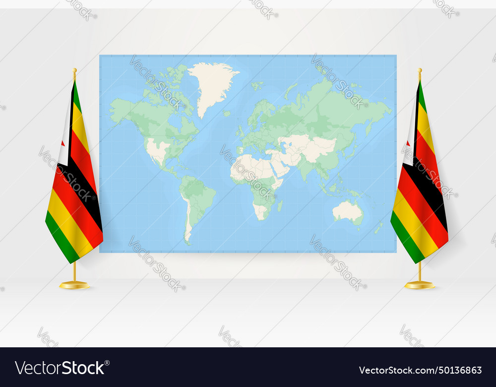 World map between two hanging flags of zimbabwe Vector Image World map between two hanging flags of zimbabwe