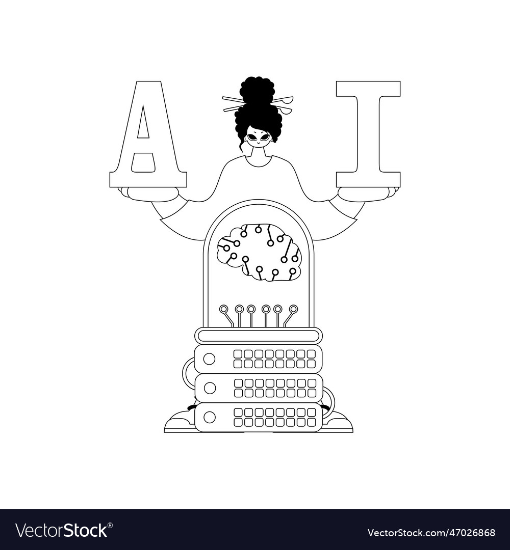 Girl and ai server with theme in linear style vector image Girl and ai server with theme in linear style