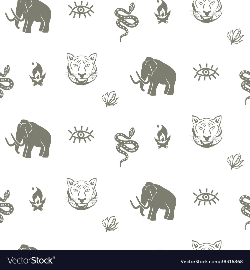 Mammoth seamless pattern with tiger and snake