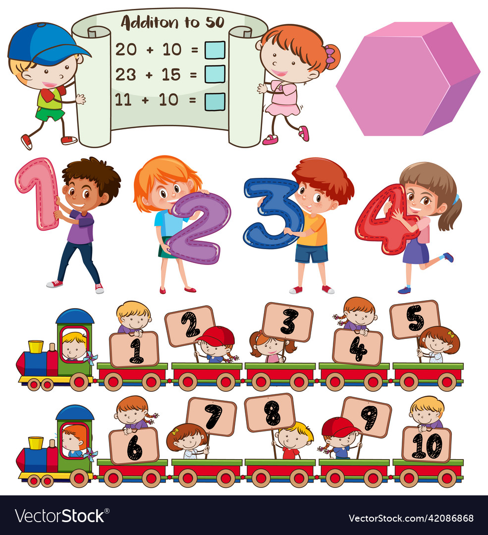 Math classroom objects with supplies and students vector image Math classroom objects with supplies and students