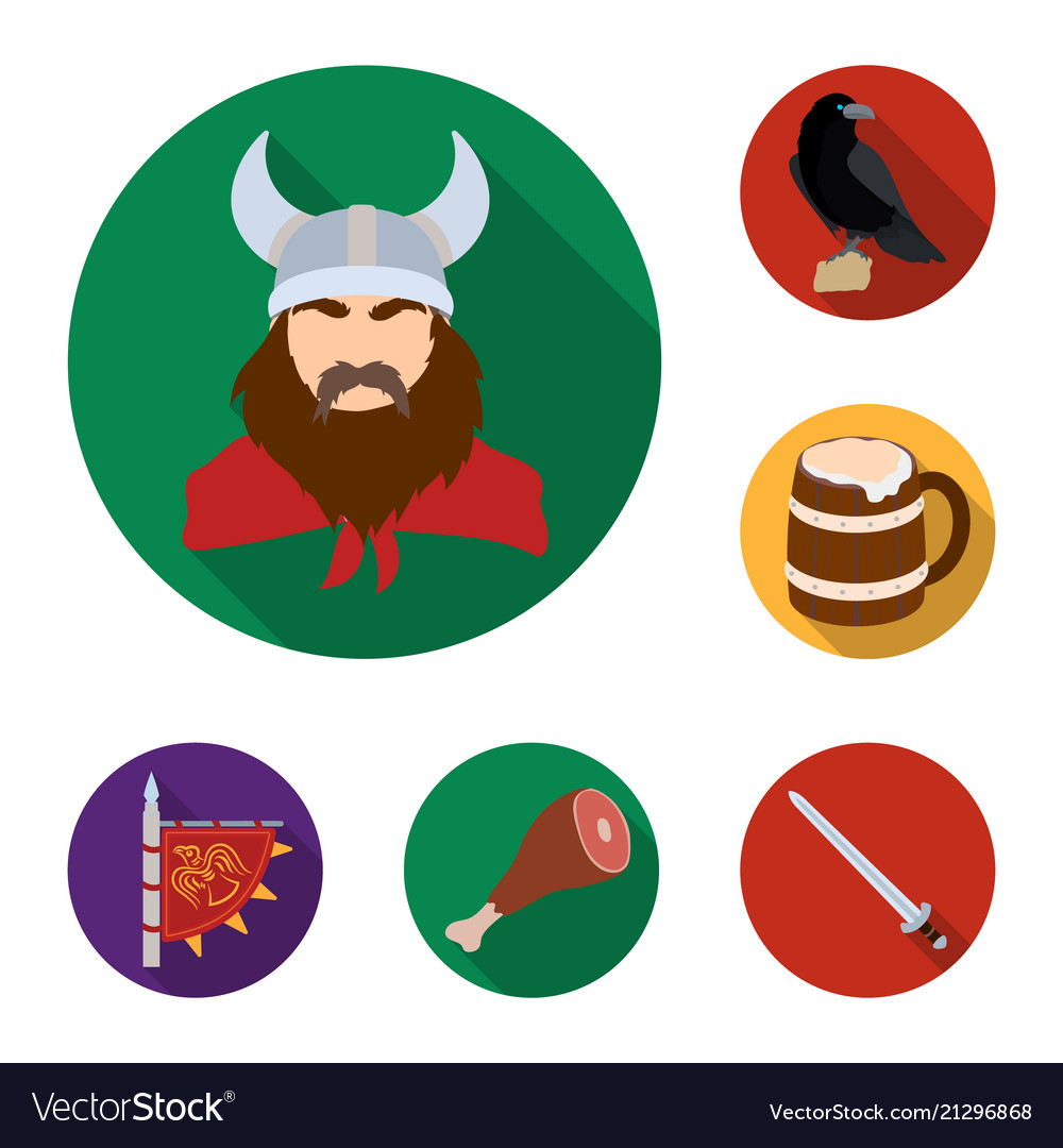 Vikings and attributes flat icons in set