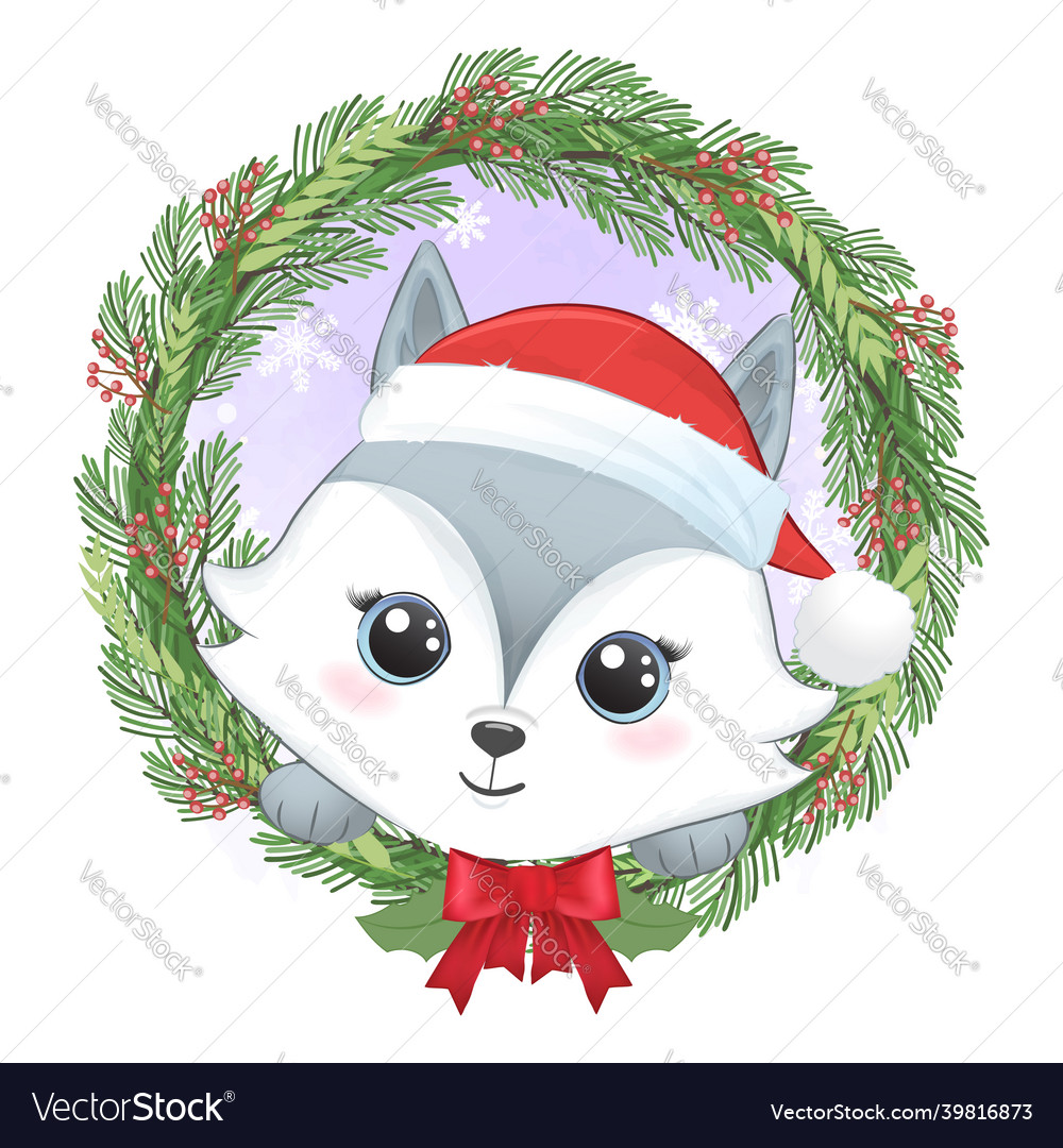 Cute little fox and wreath christmas