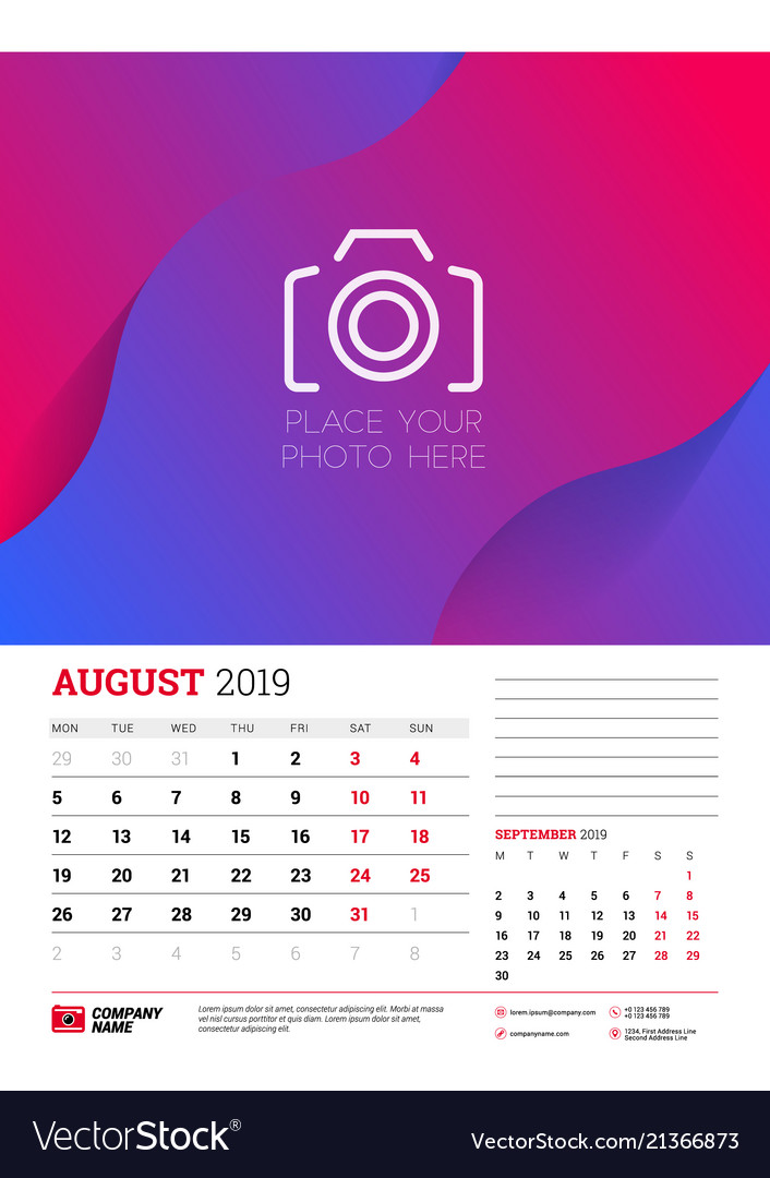 Wall calendar planner template for august 2019