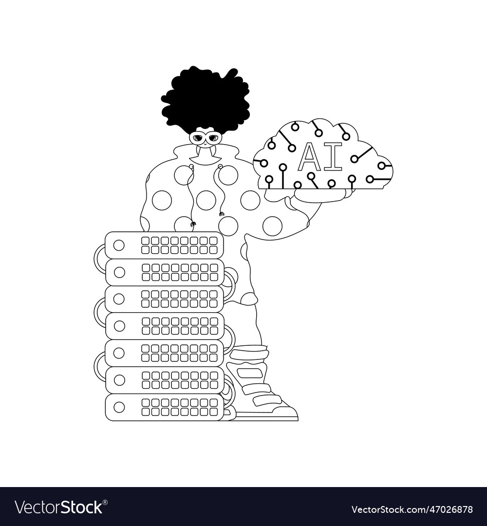 Ai guy and server in linear style all around vector image Ai guy and server in linear style all around