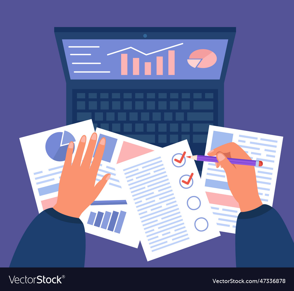 Hands of accountant with documents and computer vector image Hands of accountant with documents and computer
