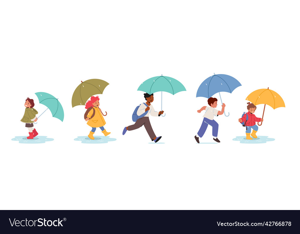 Set of happy kids with umbrellas isolated on white