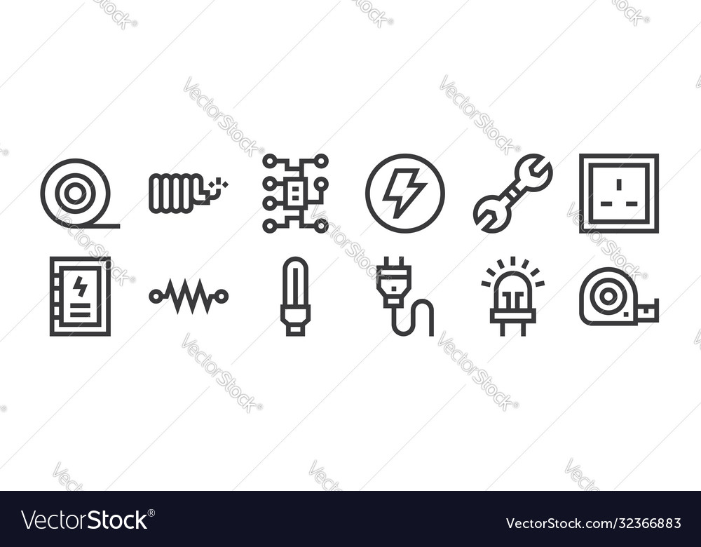 12 set linear electrician tools and elements vector image 12 set linear electrician tools and elements