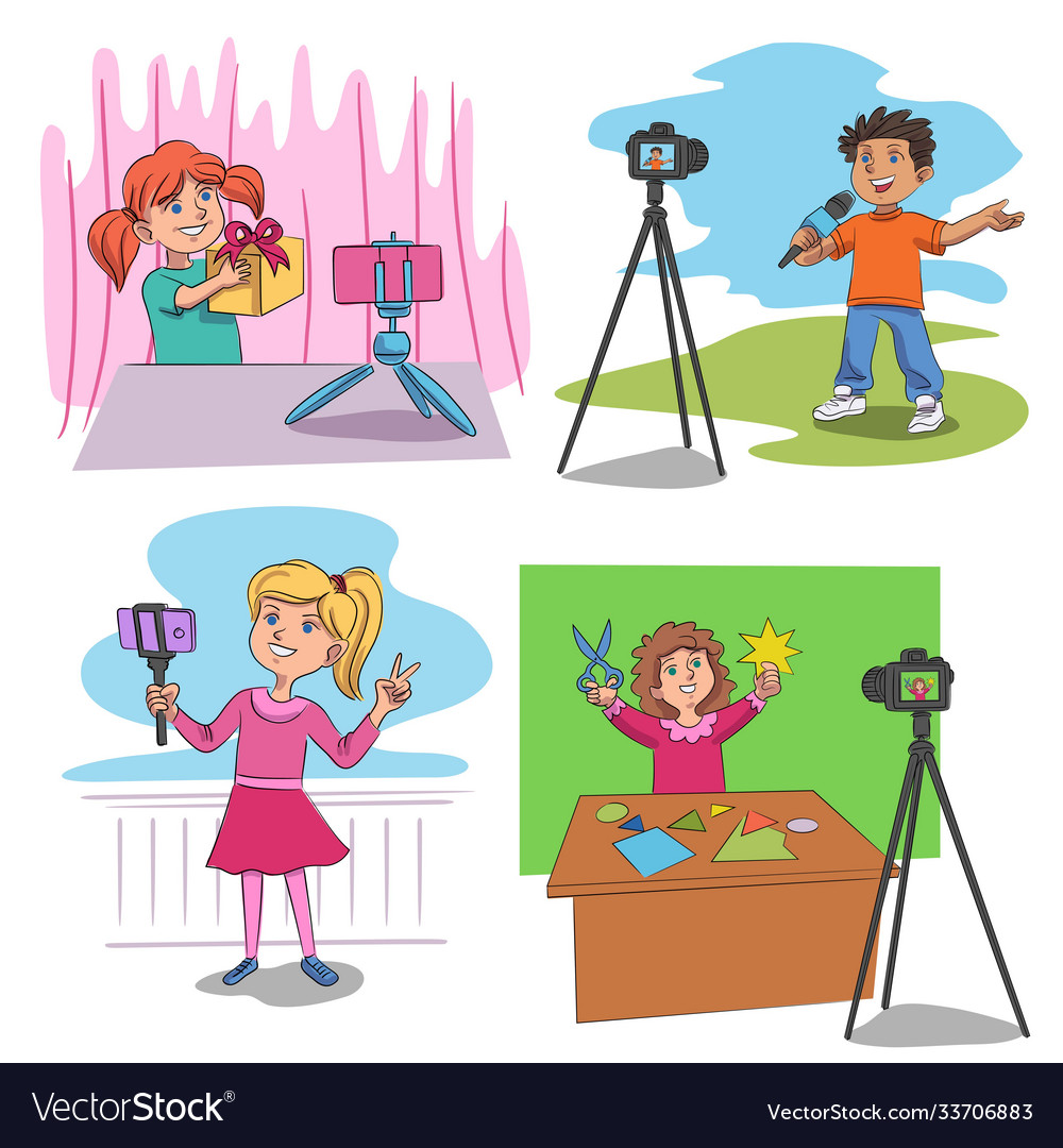 Süße lustige Kinder-Blogger erstellen Content-Set Vector Image Süße lustige Kinder-Blogger erstellen Content-Set