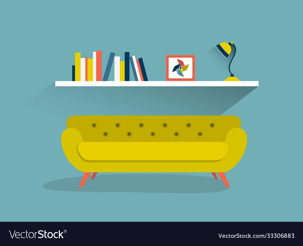 Retro sofa and book shelf with lamp flat design